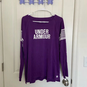 EUC | Under Armour women’s long sleeve heat gear purple‎ decal tshirt — XL